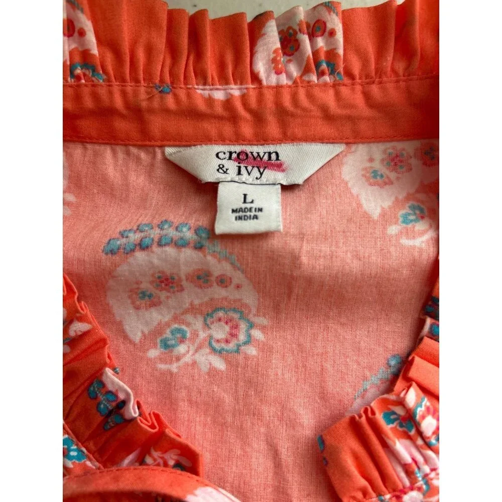 Crown & Ivy Sleeveless Tiered Coral Dress With Tassel Ties L 100% Cotton Made In - Picture 4 of 9